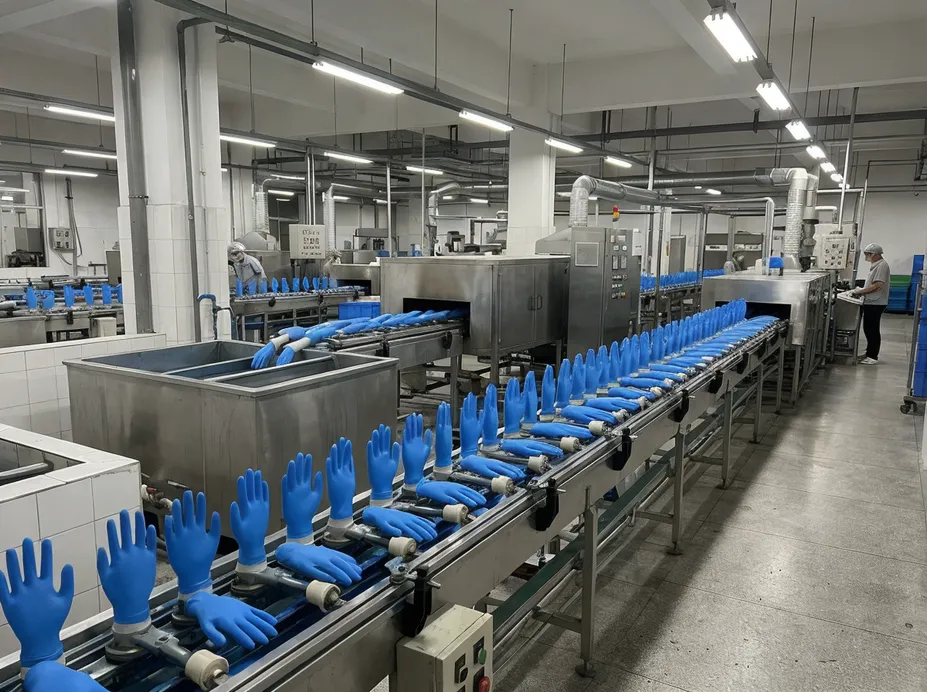 Blue disposable nitrile gloves in a clean manufacturing facility